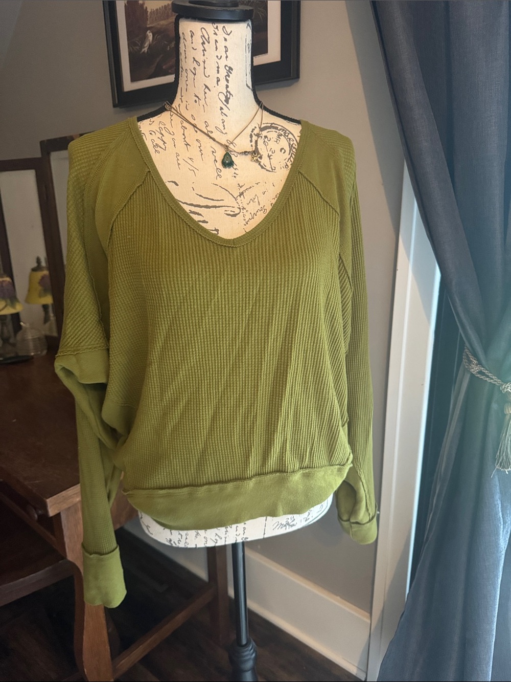 Free People Olive Green Lightweight Waffle-Knit Pullover
